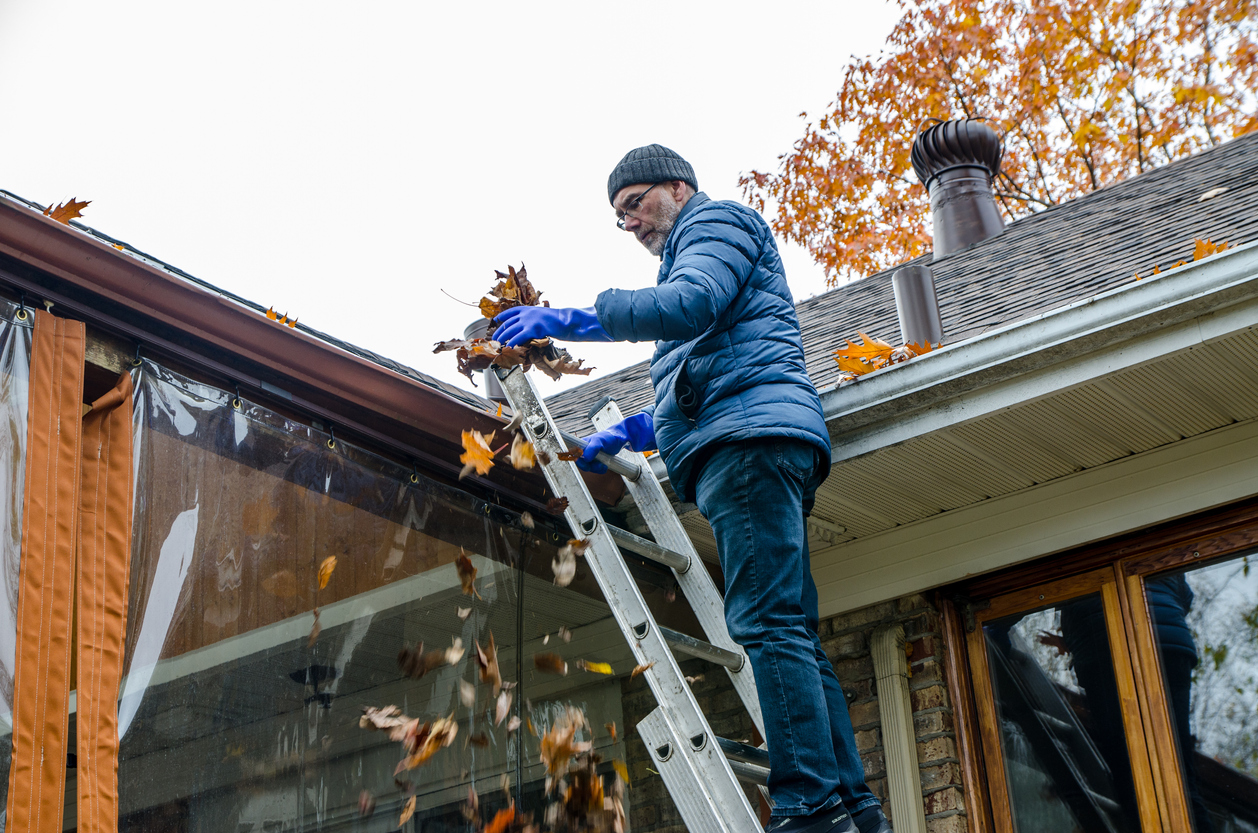 man on ladder cleaning leaves out of roof top gutter