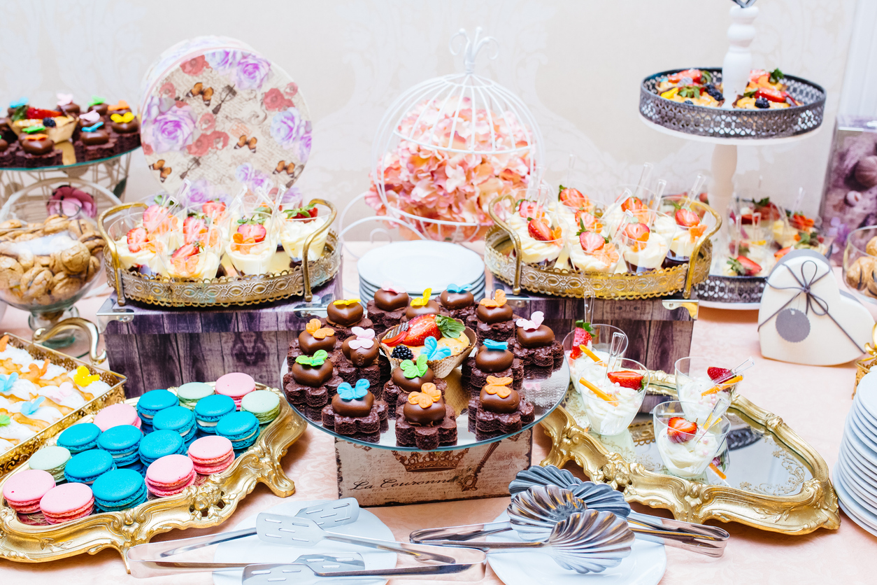 candy bar, beautiful and tasty cakes, macarons