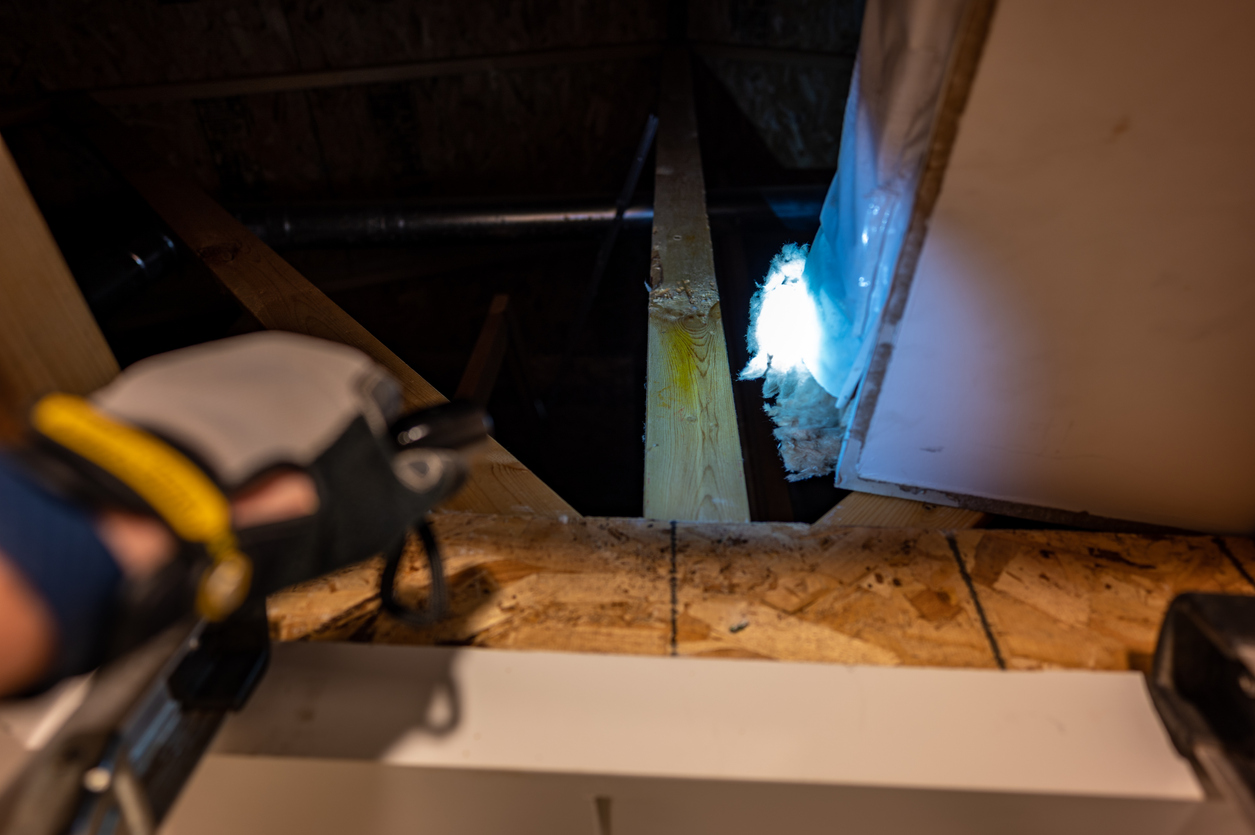discovering a crack in the ceiling of an attic