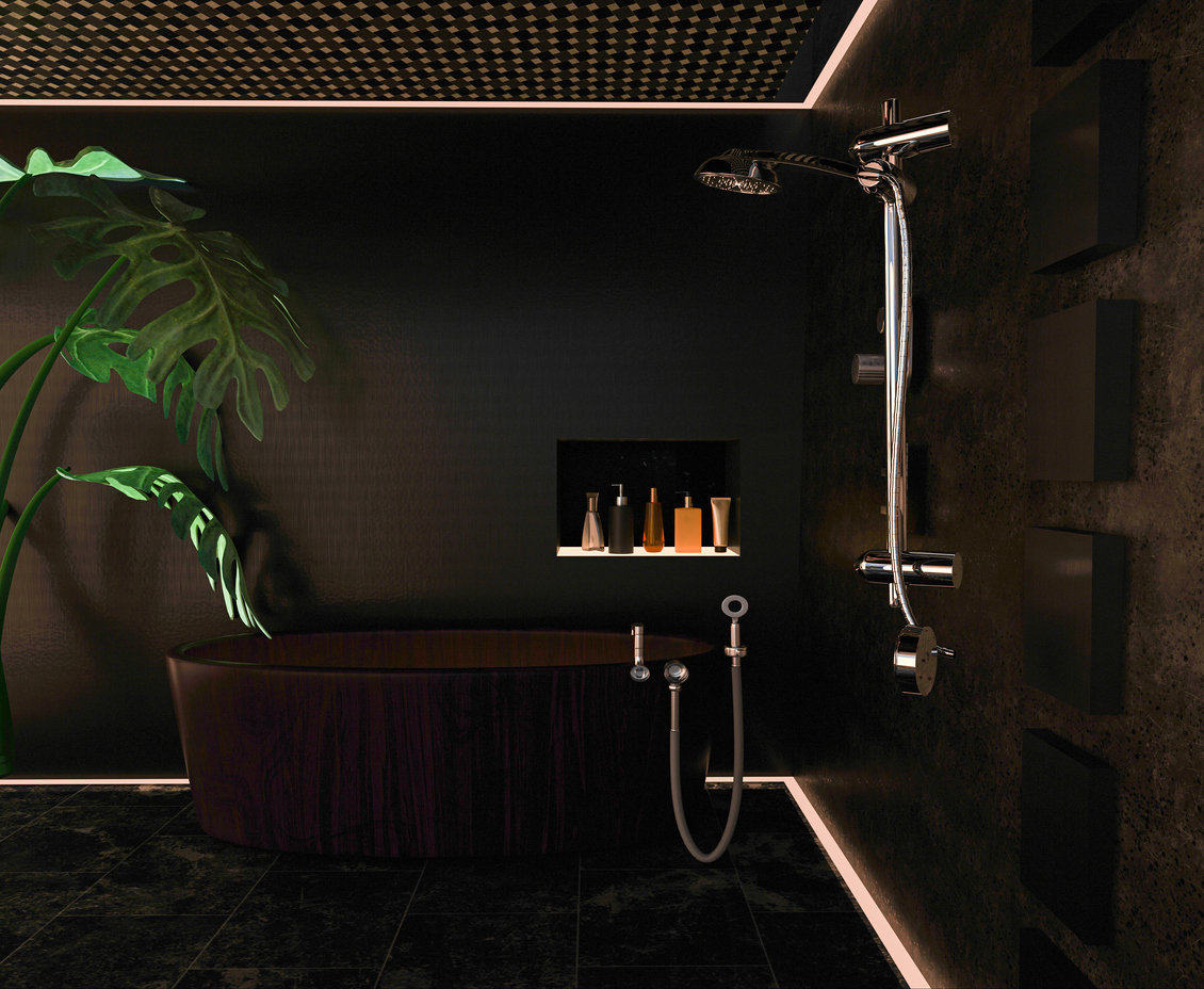 Side view of luxury shower room interior of dark iron and concrete, shower tab, warm light, candlelight, bath tube and monstera leafs. Luxury interiors. Design and interior decoration. 3d render