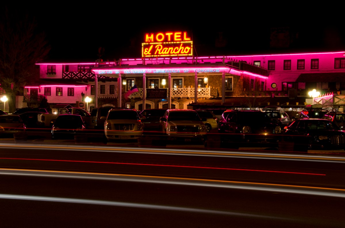 brightly lit hotel at night in gallup new mexico