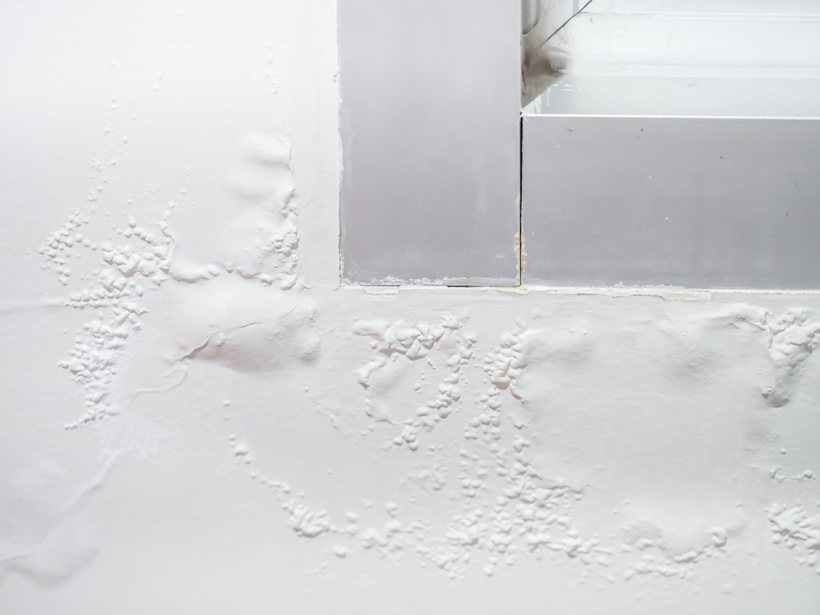 close view of paint bubble on white wall