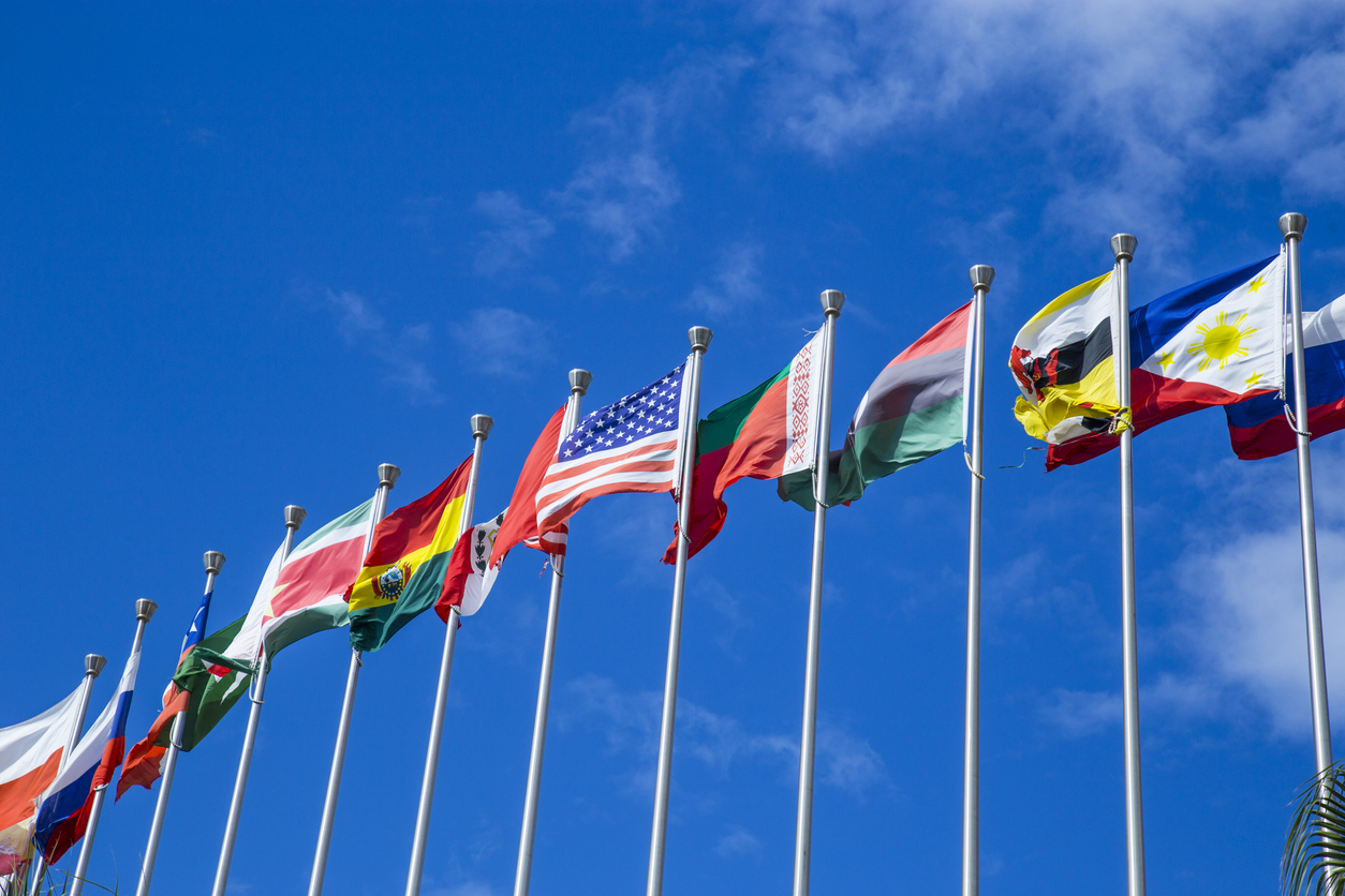 line of international flags waving against a blue sky