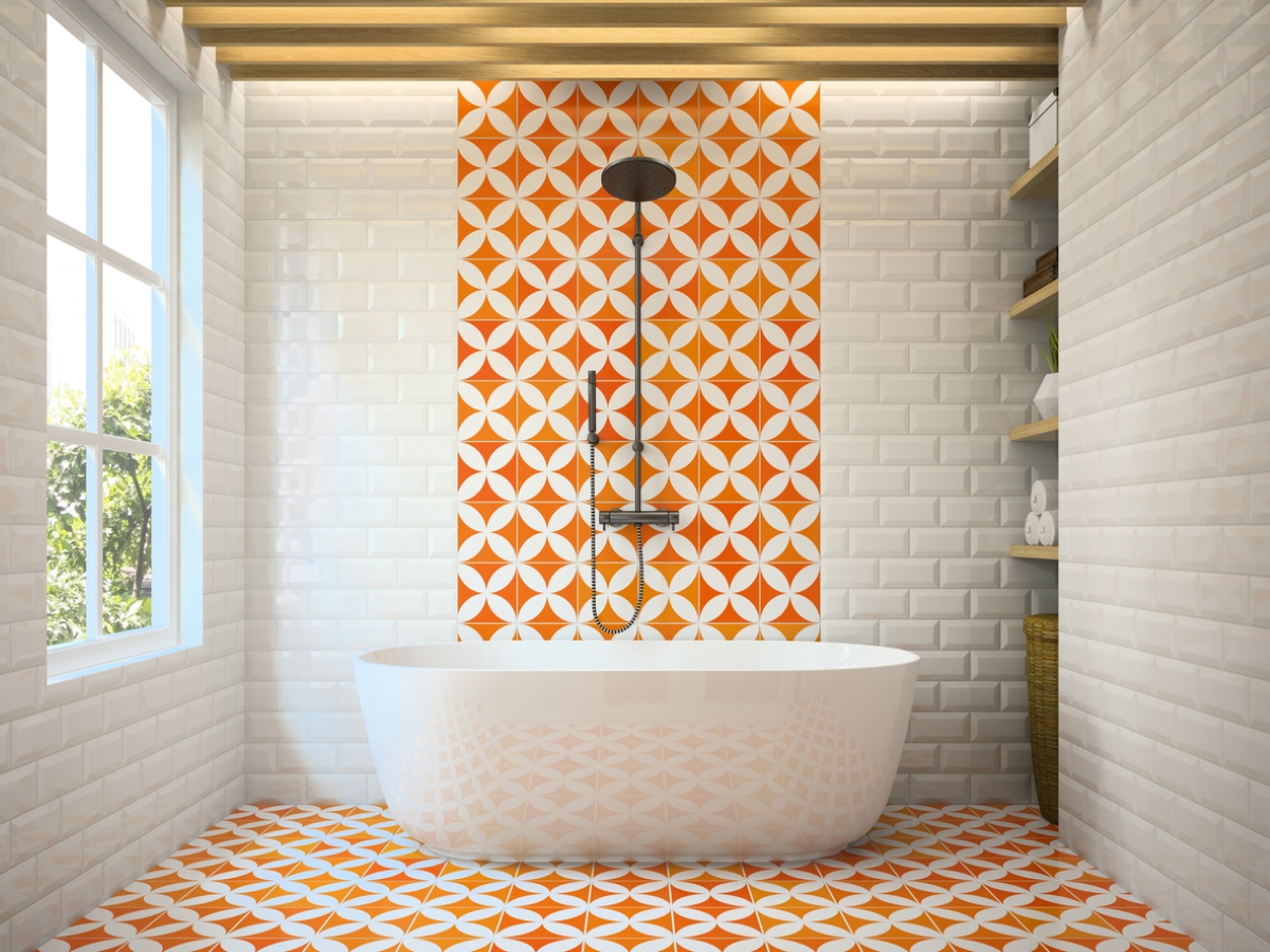 Bright orange patterned bathroom