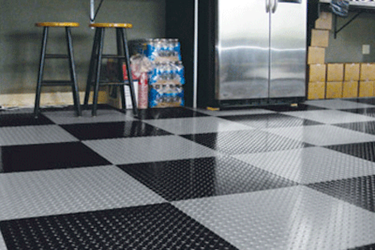 Checkered peel-and-stick garage tiles. 