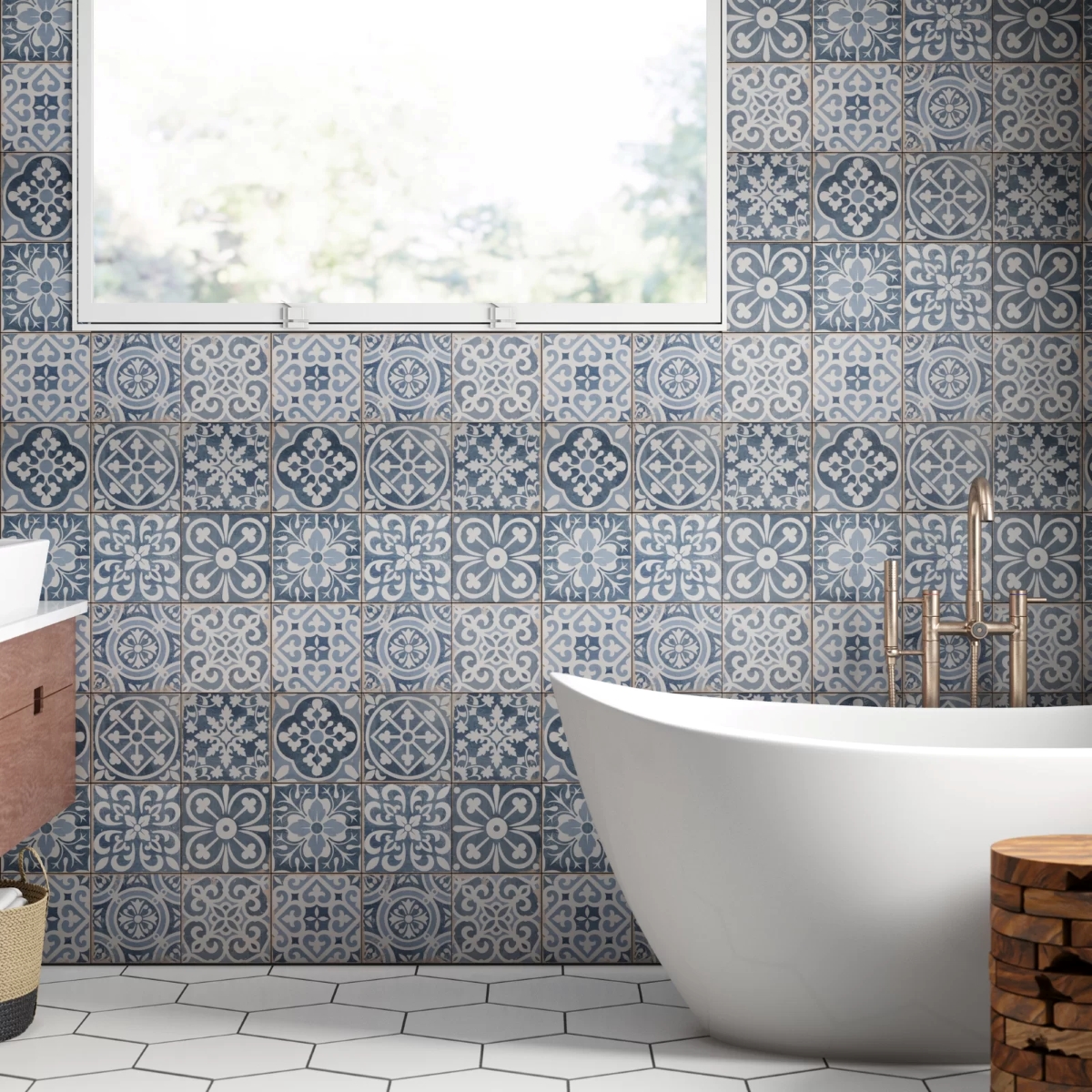 Bathroom with blue patterned tiles