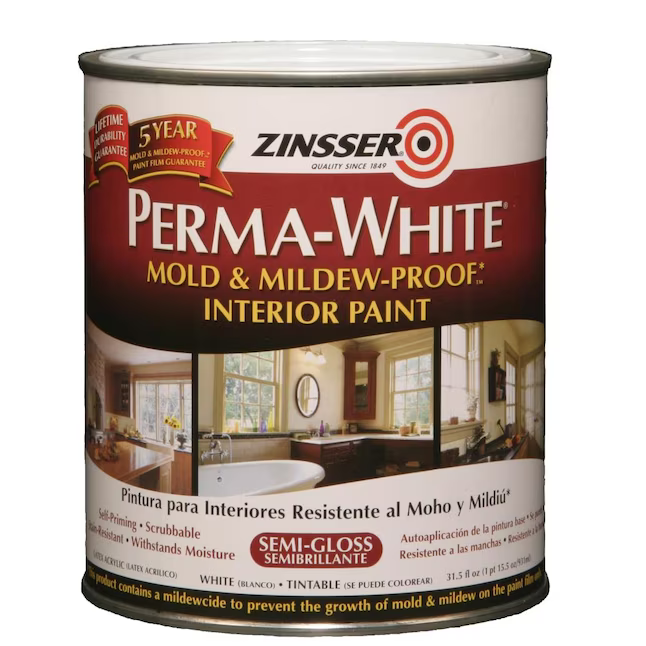A gallon of Zinsser perma-white paint shows that it is mold and mildew proof.