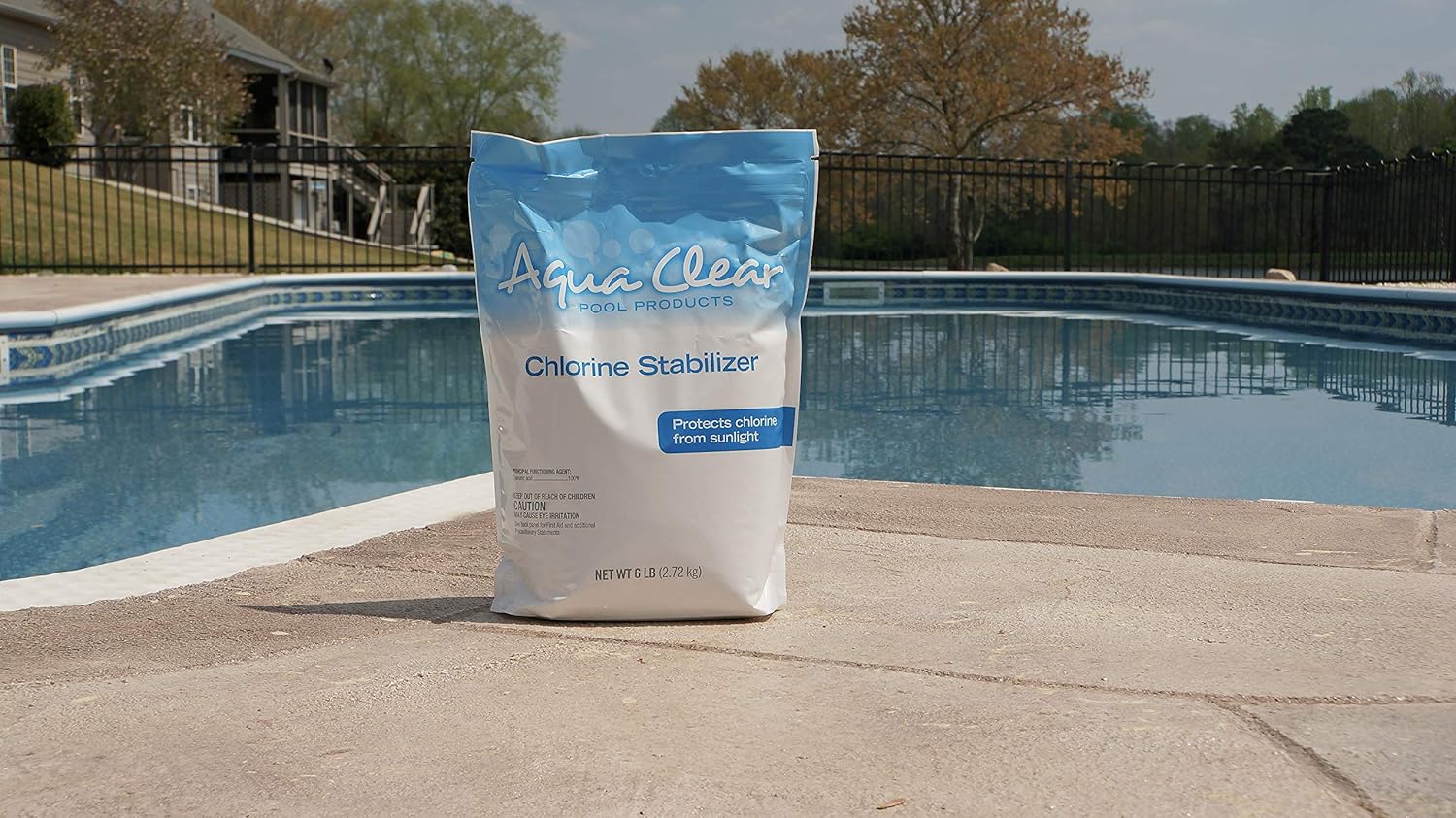 The best pool stabilizer option on a cement pool deck with a crystal-clear pool in the background