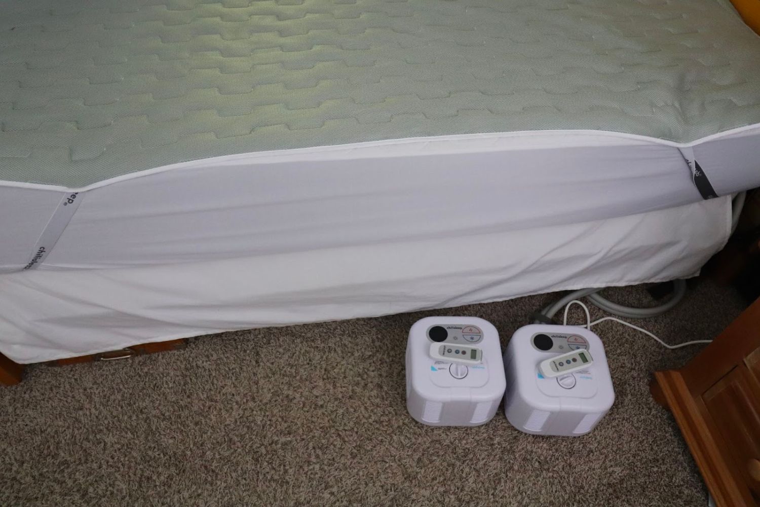 The cubes of the Chilipad Sleep System on a carpeted floor next to a bed.