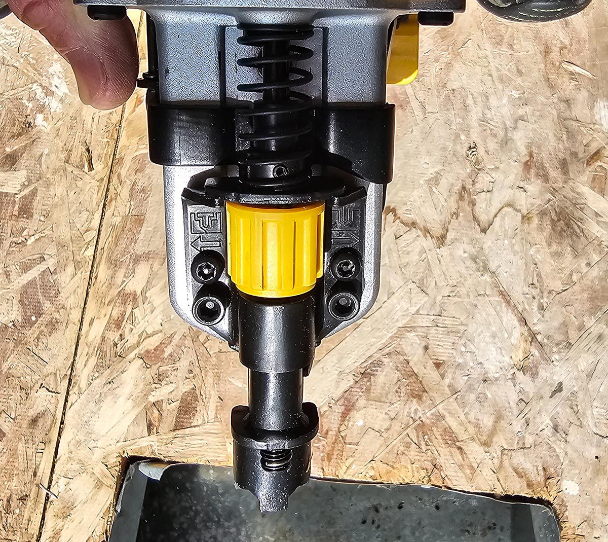 DeWalt Cordless Framing Nailer yellow depth adjustment dial.