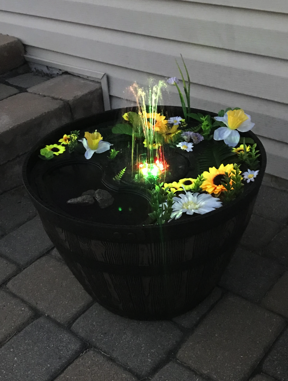 fountain with LED light made from wine barrel