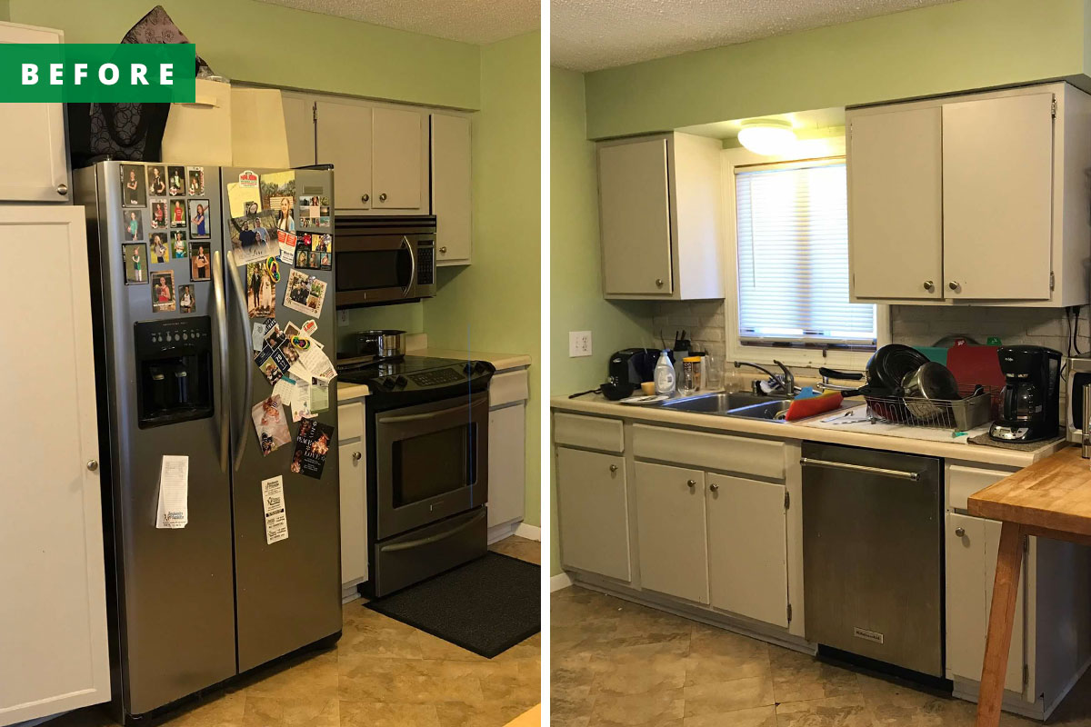 A beige and green kitchen with upper cabinets is labeled Before.
