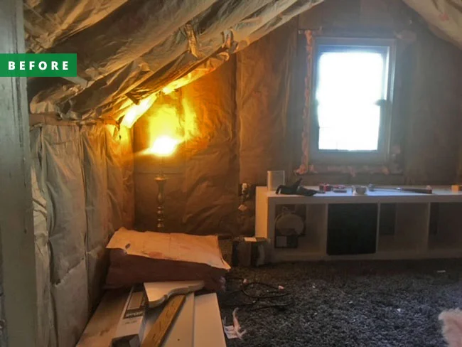 A demolished attic space is in the process of renovation to a playroom.