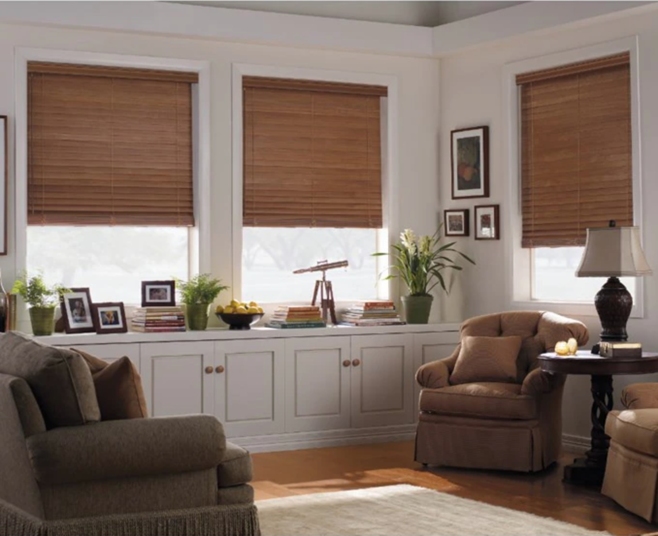 Levolor 2-Inch Real Wood Blinds (in Estate Autumn) Are Partially Raised in a Living Space