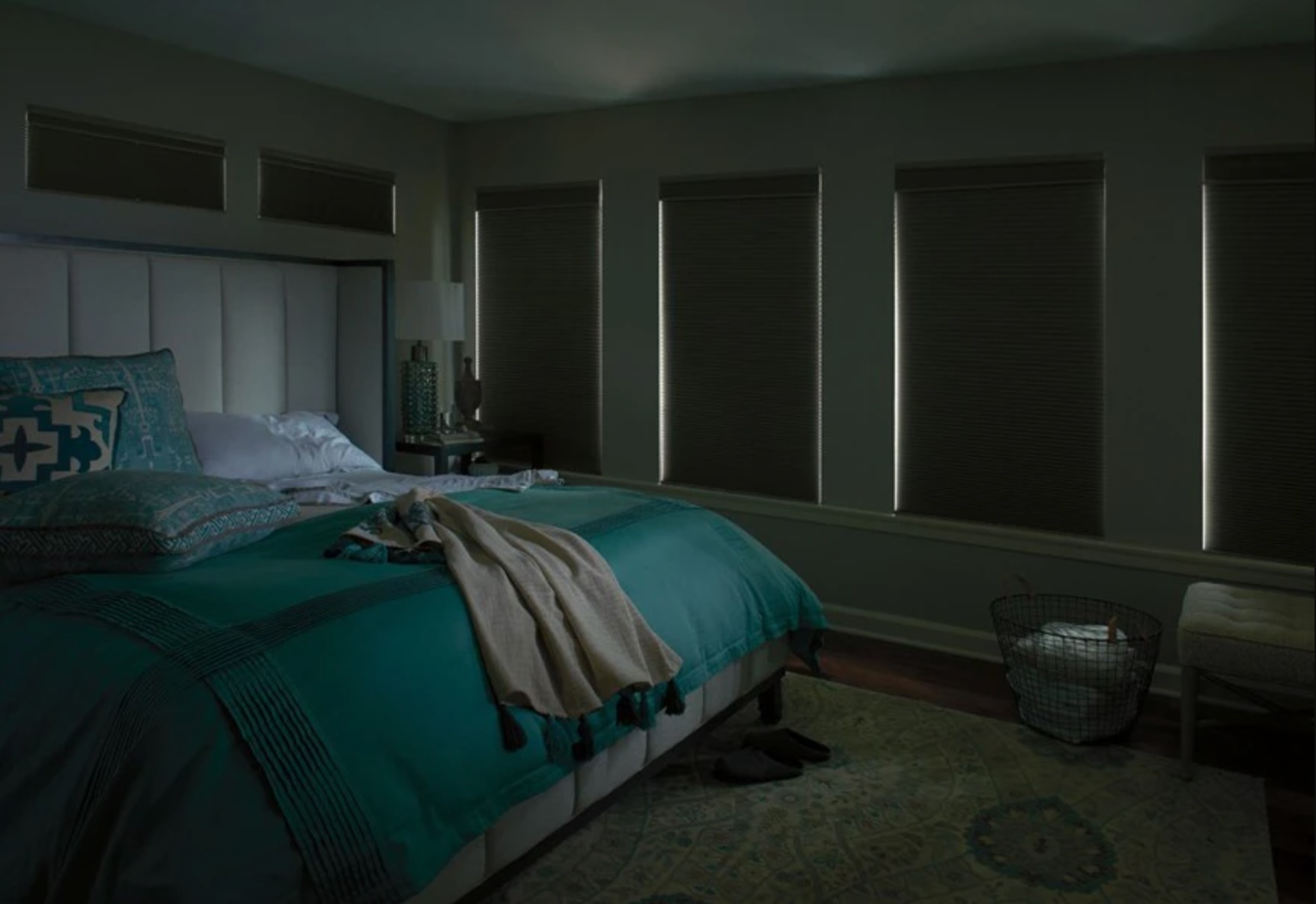 Levolor's Blackout Cellular Shades (in Tree bark and Light Fog) Eliminate Natural Light in a Bedroom