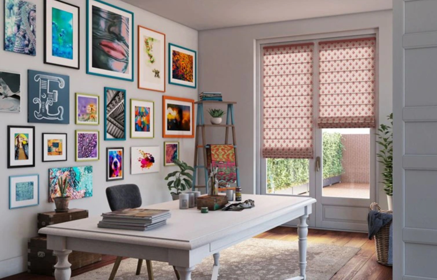Levolor's Roman Shades (in Flat Fantasia Coral) Let in Light in a Colorful Home Office
