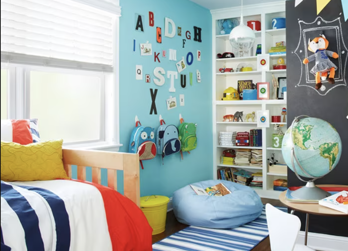 Command hooks used to hang backpacks in kid's room