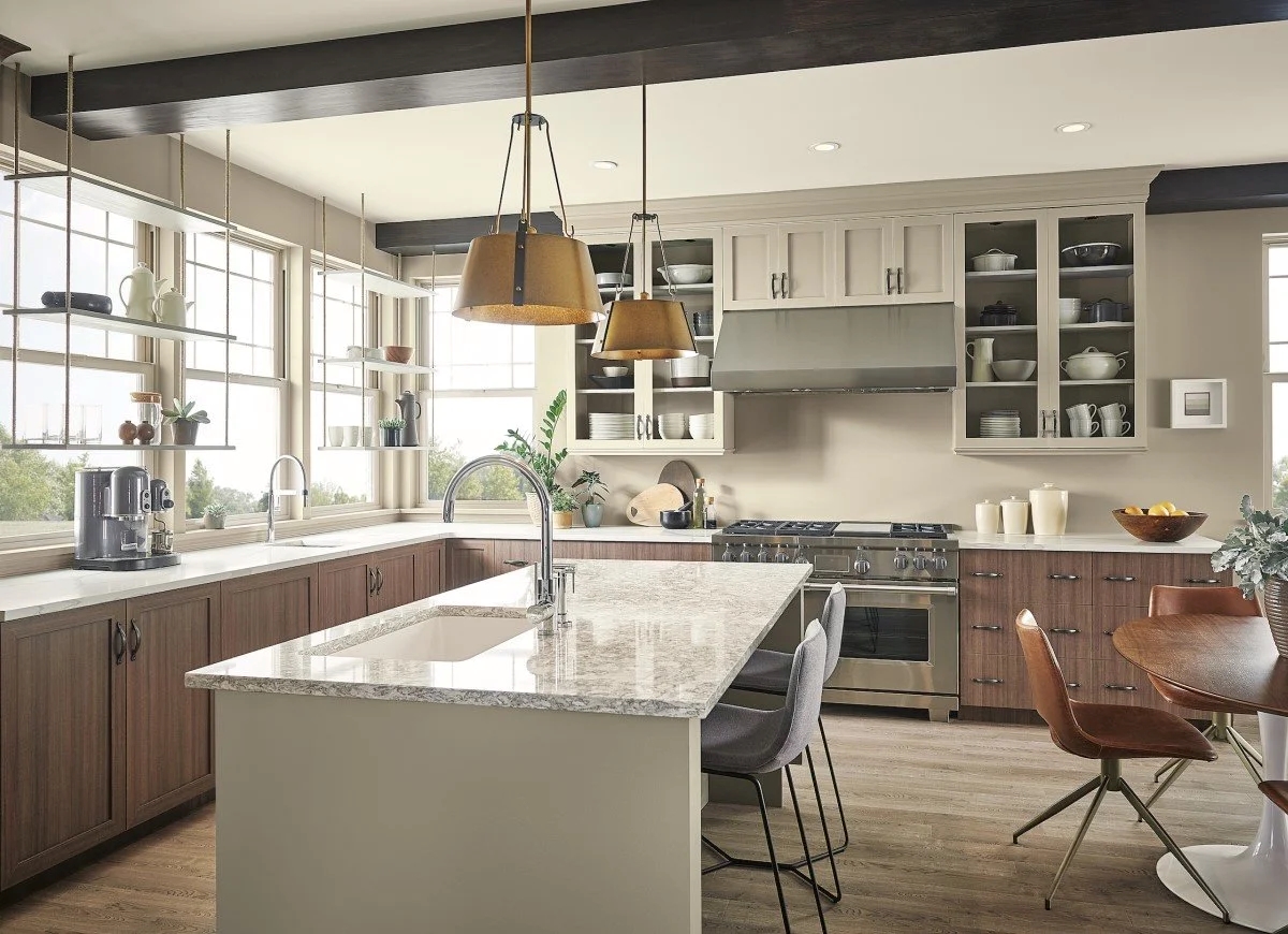Large open kitchen with many windows.