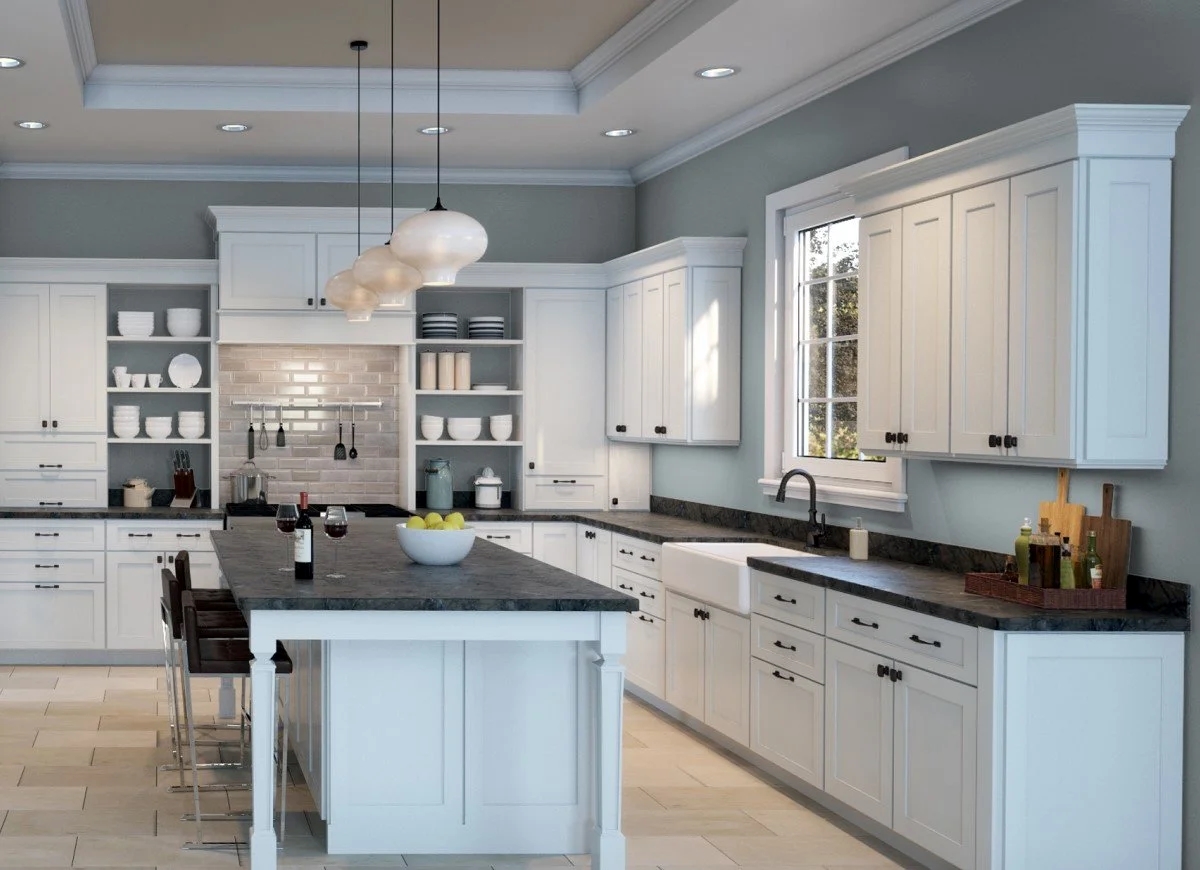 Large kitchen with dark countertops.