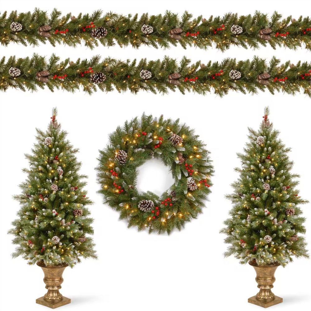 The Best Garage Door Christmas Decorations Option: Frosted Berry Christmas Tree, Wreath, and Garland Set