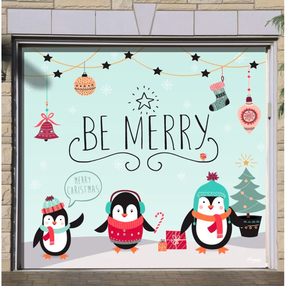 The Best Garage Door Christmas Decorations Option: The Holiday Aisle Be Merry Penguin Banner
