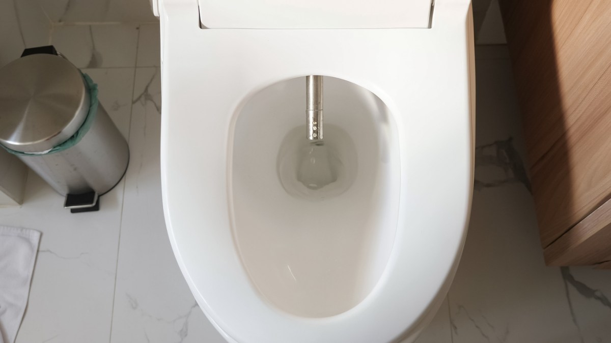 A one-piece toilet with the lid up to reveal a silver bidet spray nozzle.