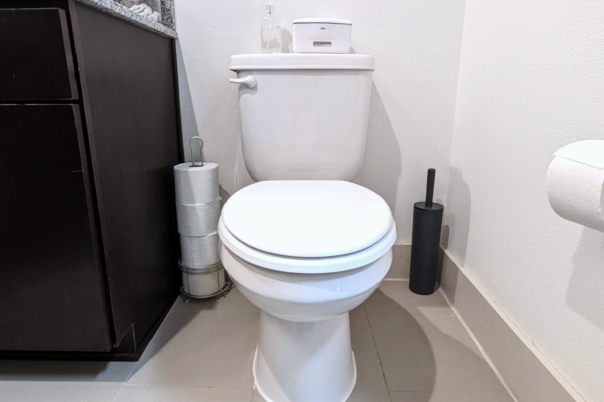 A white two-piece toilet with a stocked spare toilet paper roll holder to its back left and a gray toilet brush to the back right.