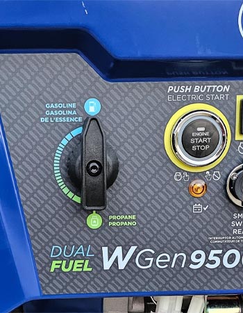Control panel of Westinghouse WGen9500DF Generator with push button start and fuel option dial.
