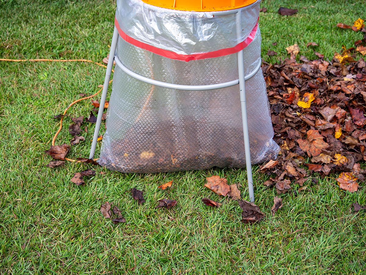 Bag catching leaves as they are mulched by the Worx leaf mulcher