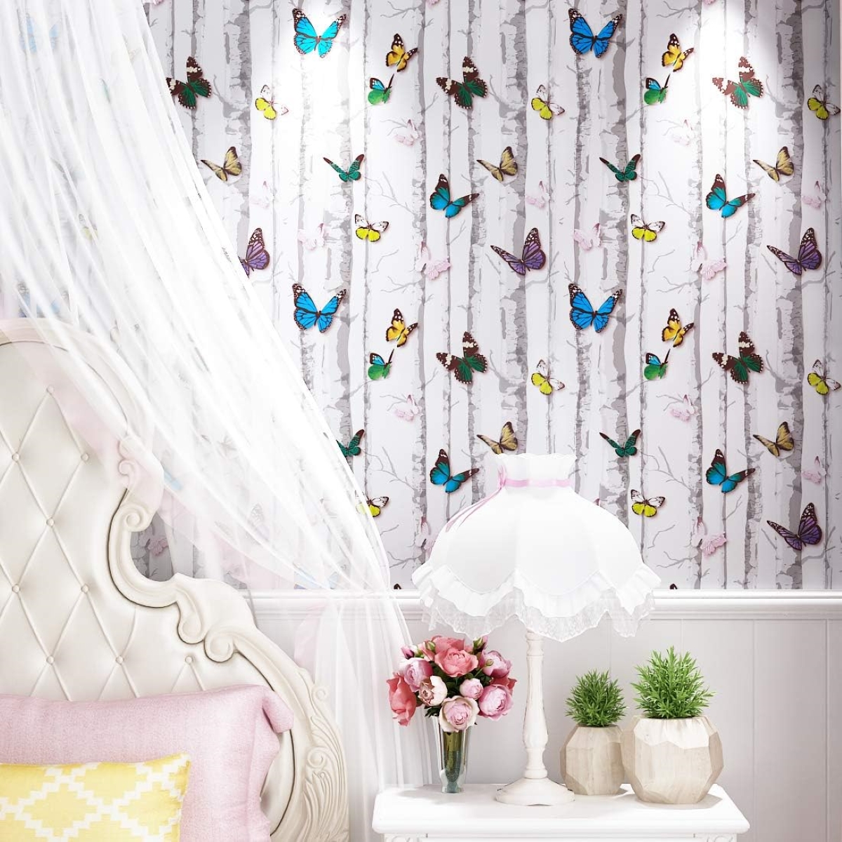 Butterfly wallpaper in child's bedroom.