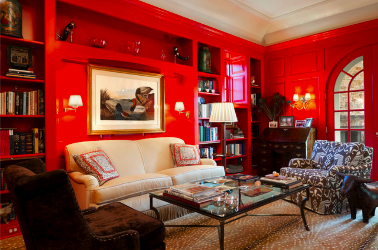 living room with bright red walls