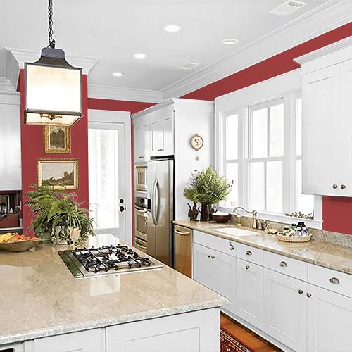 Contemporary kitchen with white cabinets painted in PPG's Blaze reddish-colored paint.