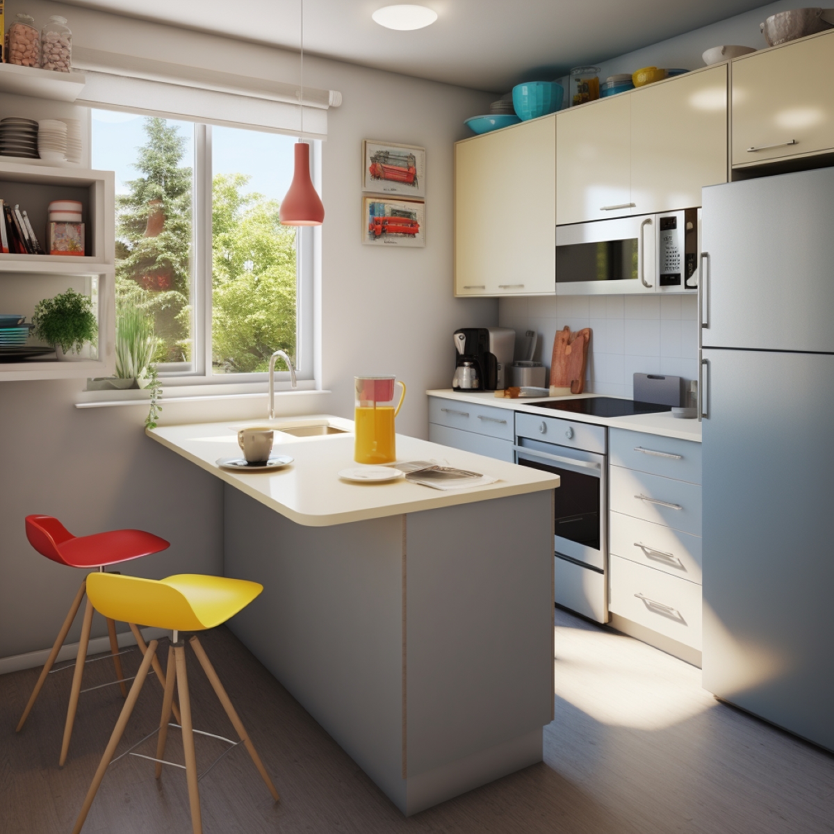 Small kitchenette with yellow and red chairs.
