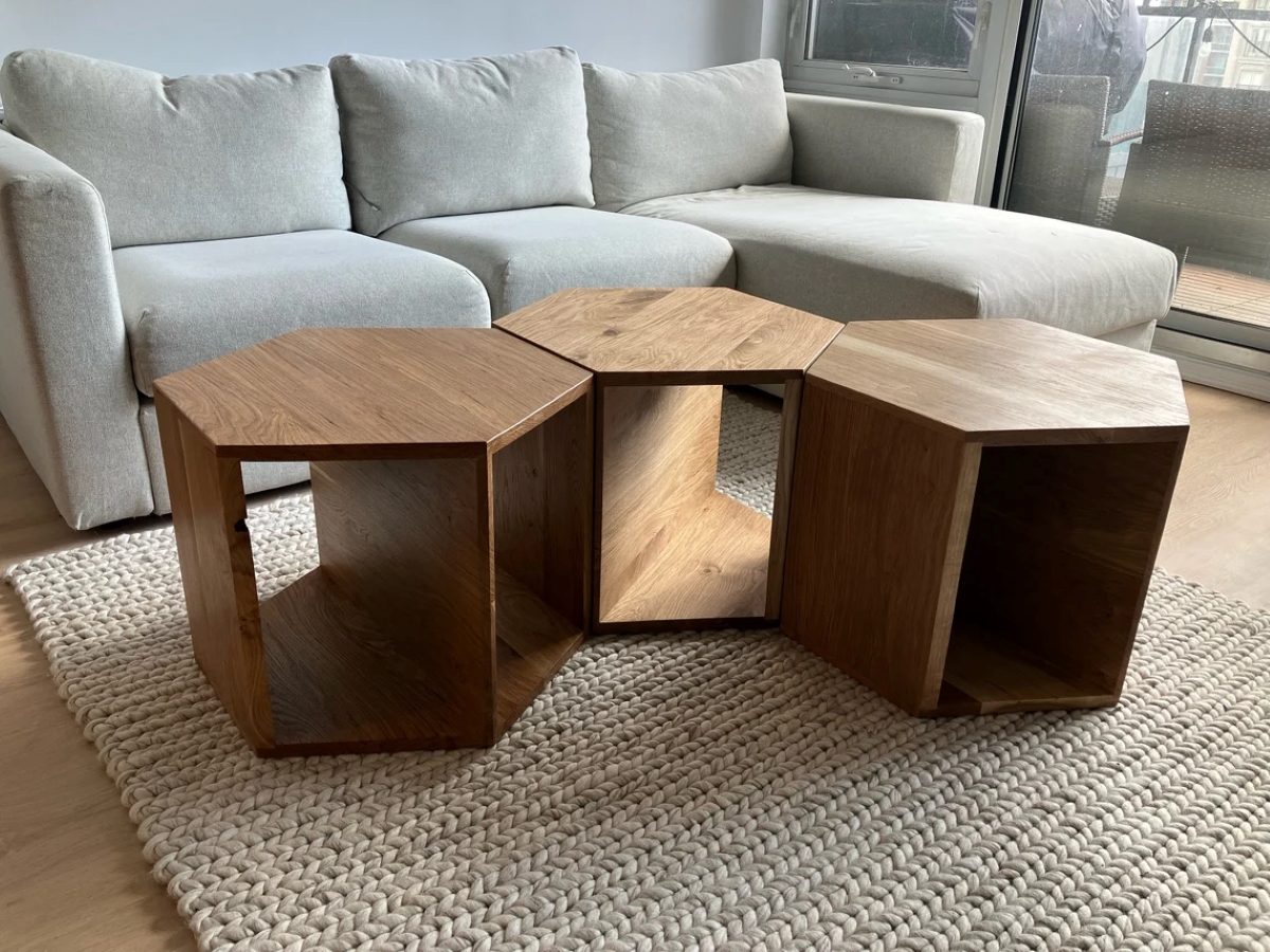 Modular hexagon wooden table.