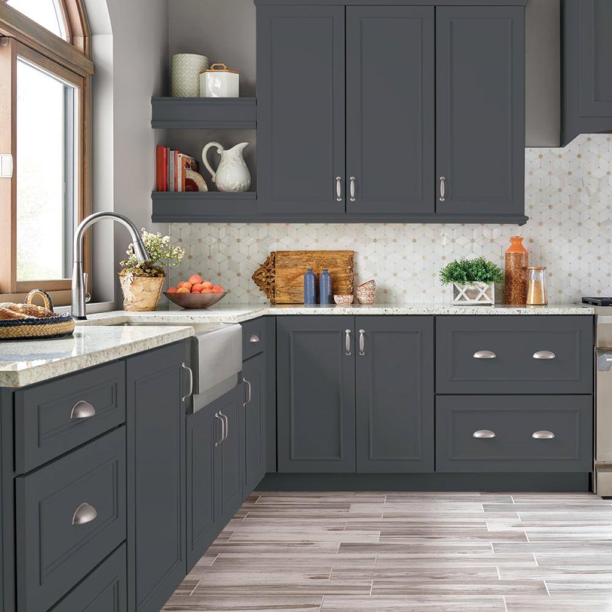 Kitchen cabinets in gray.