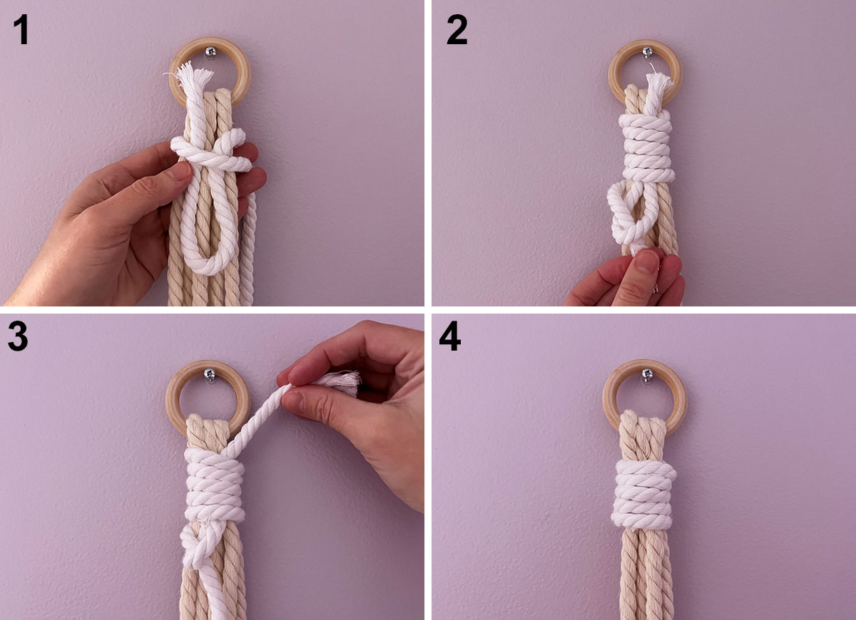 Hands showing how to tie a gathering knot with macrame cord.