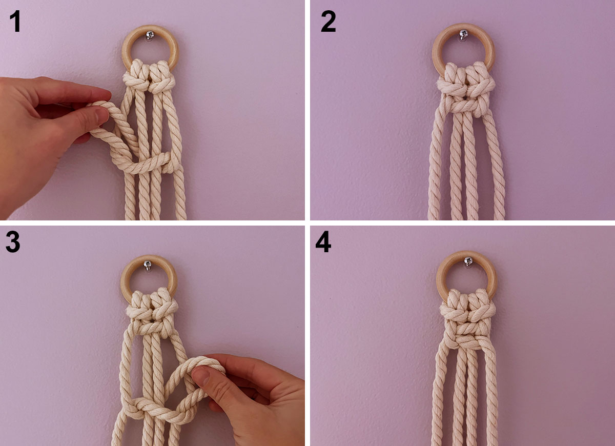 Hands showing how to tie a half square knot and a full square knot with macrame cord.