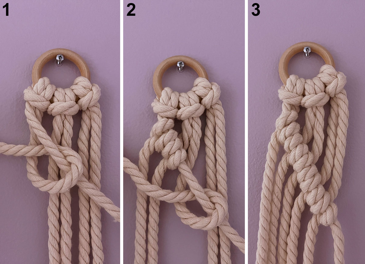 Hands showing how to tie a diagonal double half hitch knot with macrame cord.