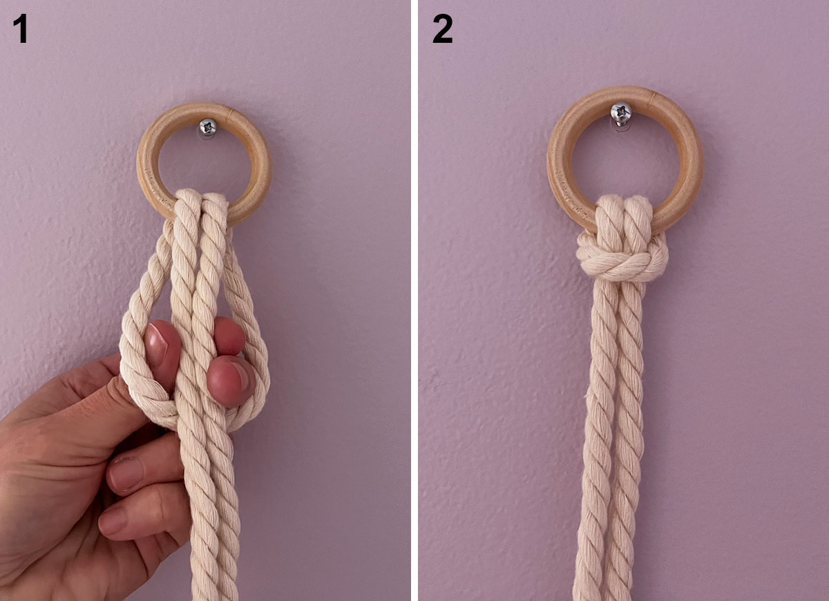Hands showing how to tie a larks head knot with macrame cord.