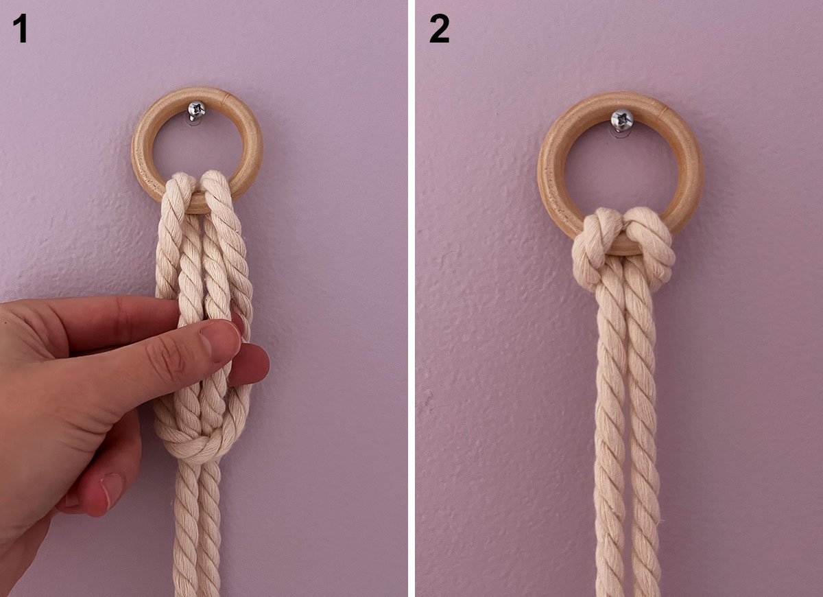 Hands showing how to tie a reverse larks head knot with macrame cord.