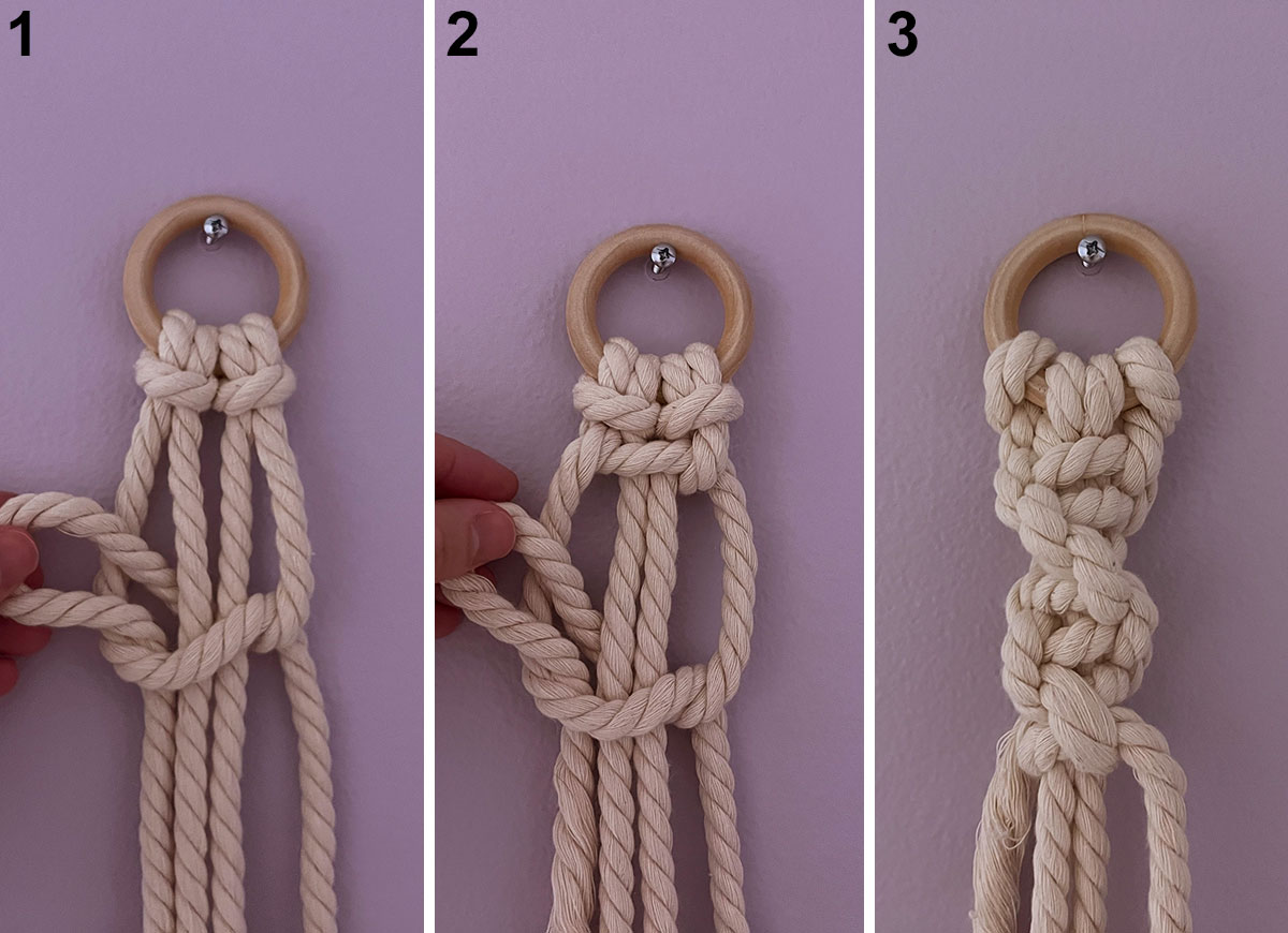 Hands showing how to tie a spiral knot with macrame cord.