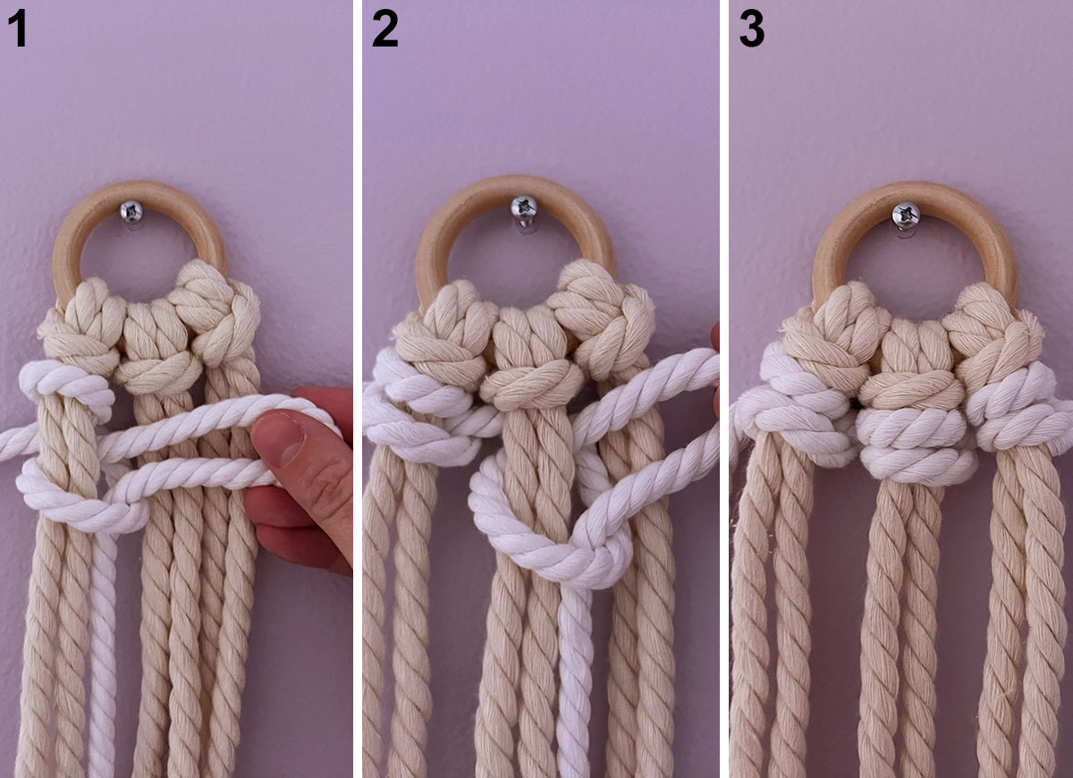 Hands showing how to tie a vertical double half hitch knot with macrame cord.
