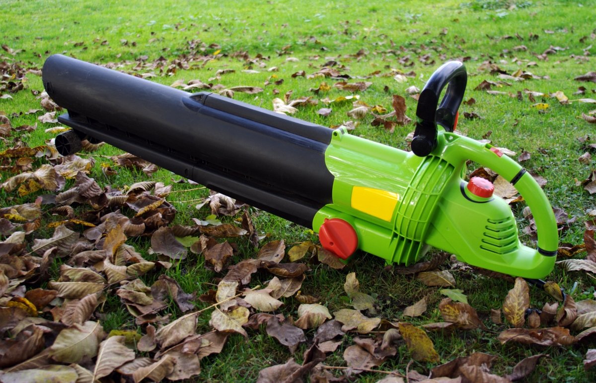Green leaf blower on top of a pile of leaves.