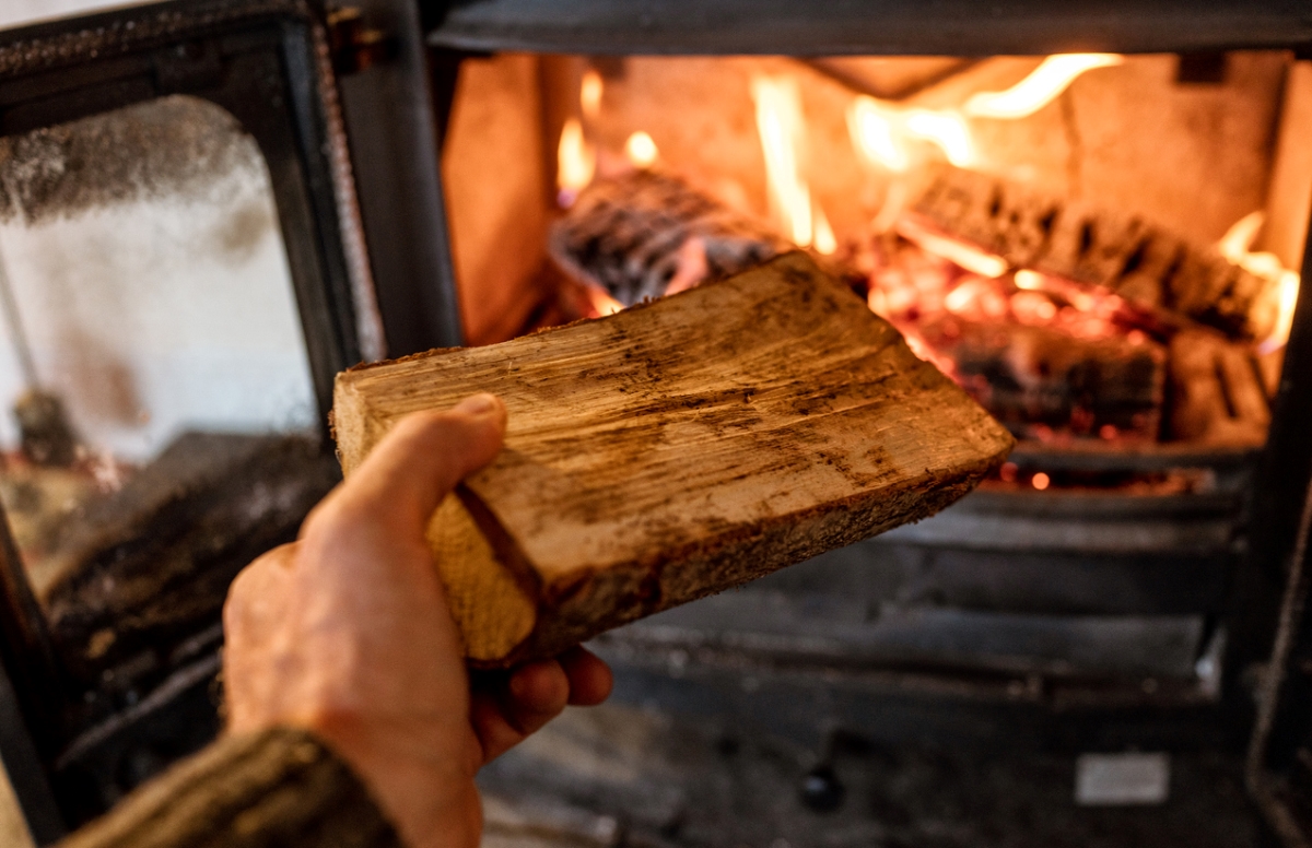 Hand putting log into fireplace.