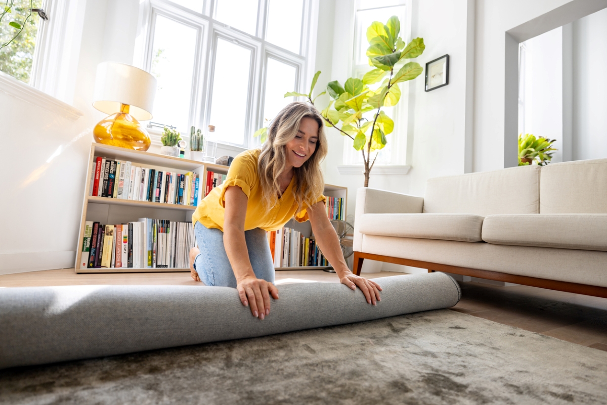 Woman unrolling thick rug in living room.