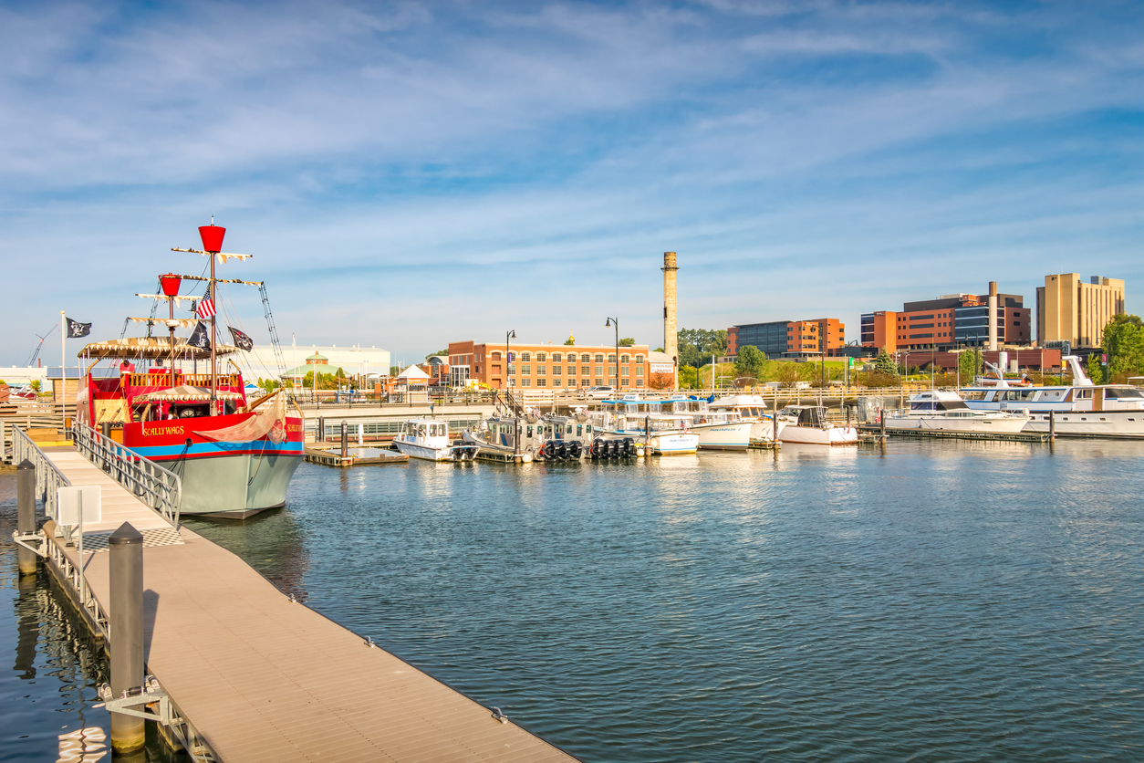 Harbor with boats in downtown Erie Pennsylvania USA on a sunny day.