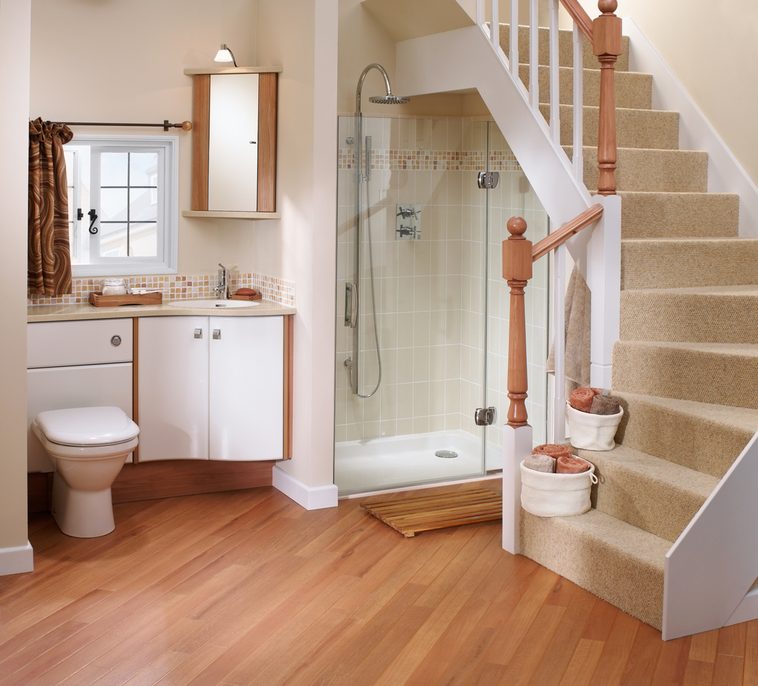 Small luxurious bathroom with a shower under the stairs leading to another level.