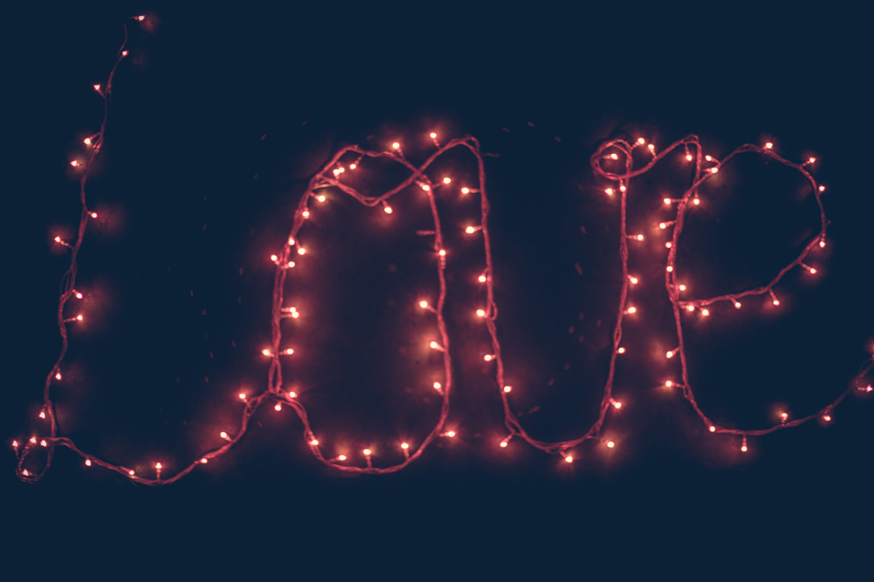 A-string-of-red-lights-spells-the-word-love.