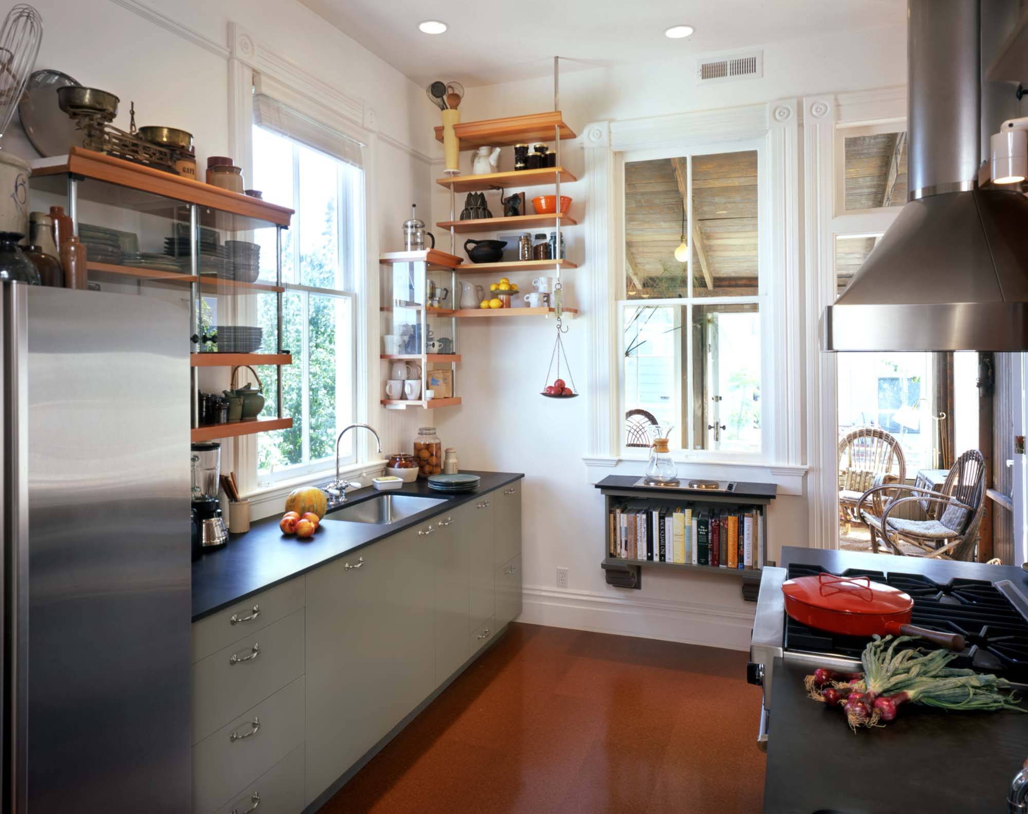 kitchen with low shelf for cook books