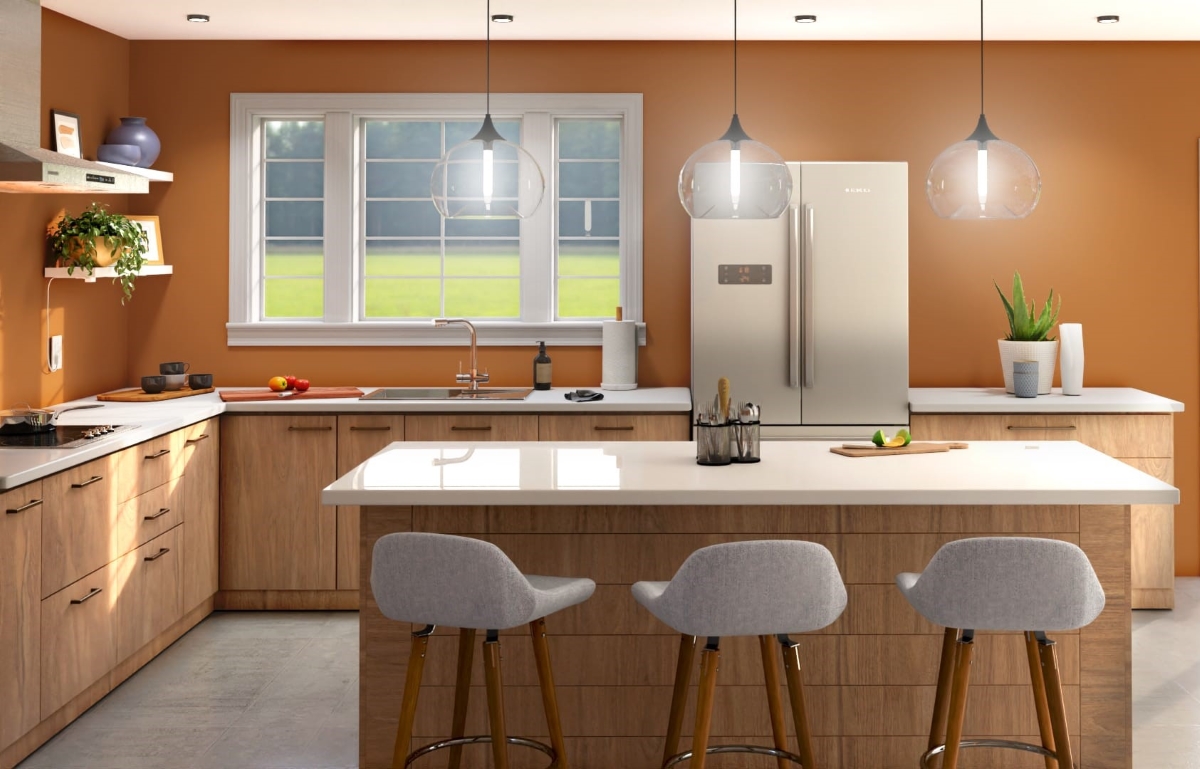 Modern kitchen with copper colored walls.